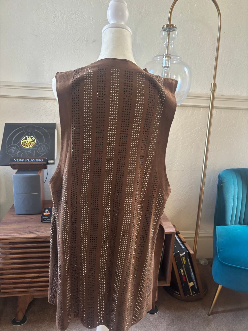 Vocal Brown Faux Suede Rhinestone Studded Open Front Vest Size XL Boho Western